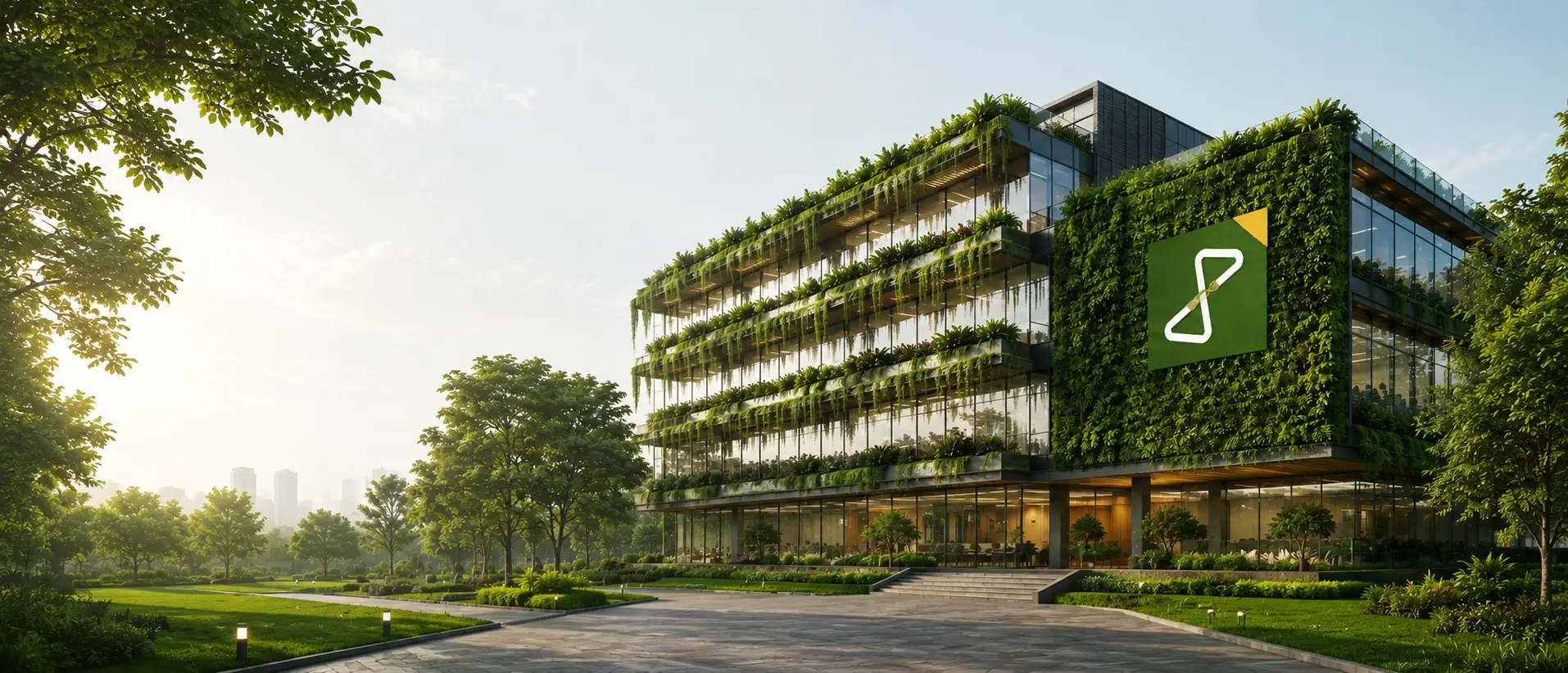 Concept render: a glass office building wrapped in living green walls and planted balconies, the Jamin Bazaar mark on its façade, in morning light.
