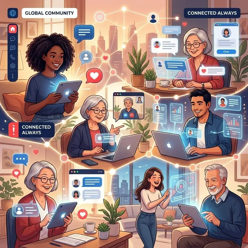 Illustration: people in several homes reading messages and notifications on phones, tablets and laptops.