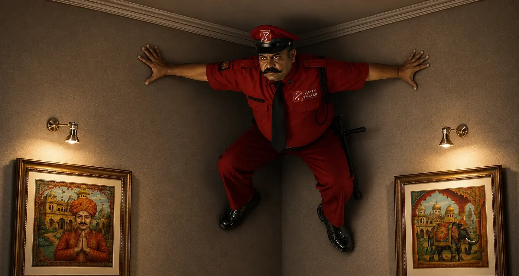 Illustration: a security guard in Jamin red, braced across the ceiling of a hallway between two framed paintings, watching the corridor below.