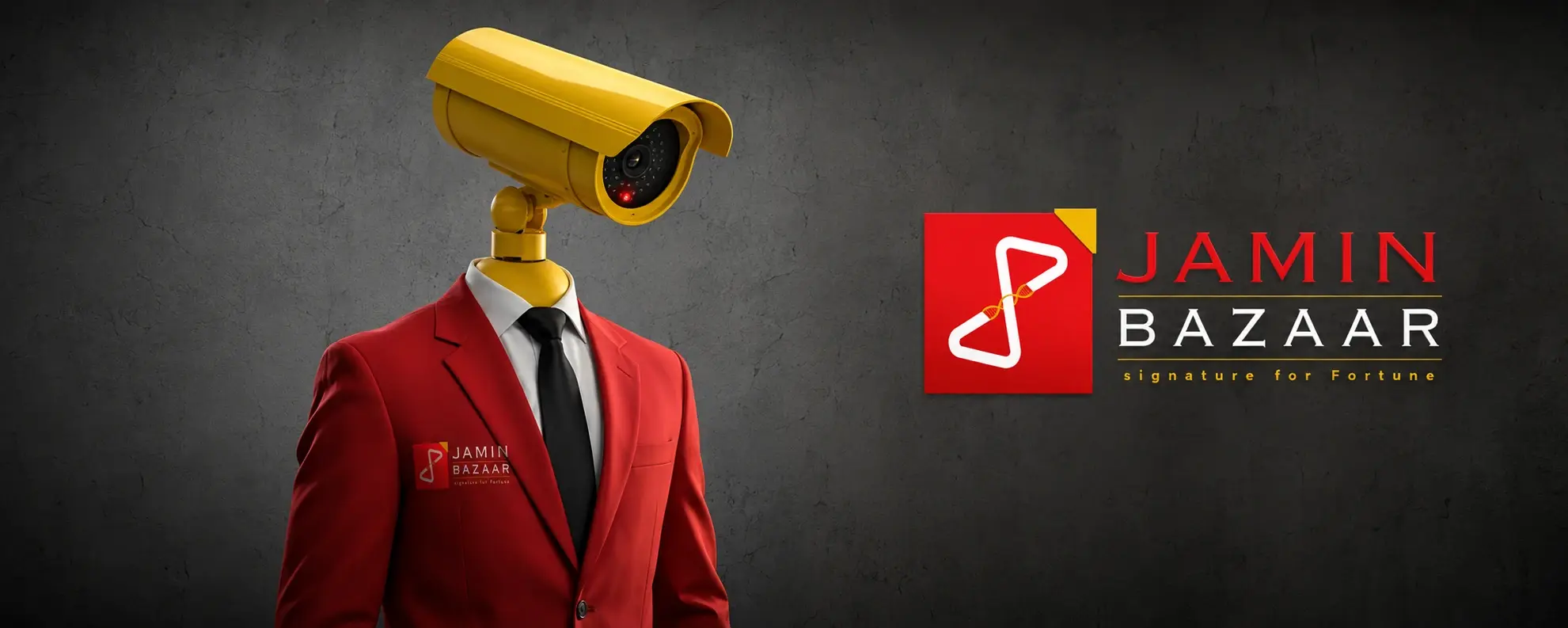 Illustration: an officer in a red Jamin Bazaar jacket with a yellow security camera in place of a head, standing beside the Jamin Bazaar lockup.