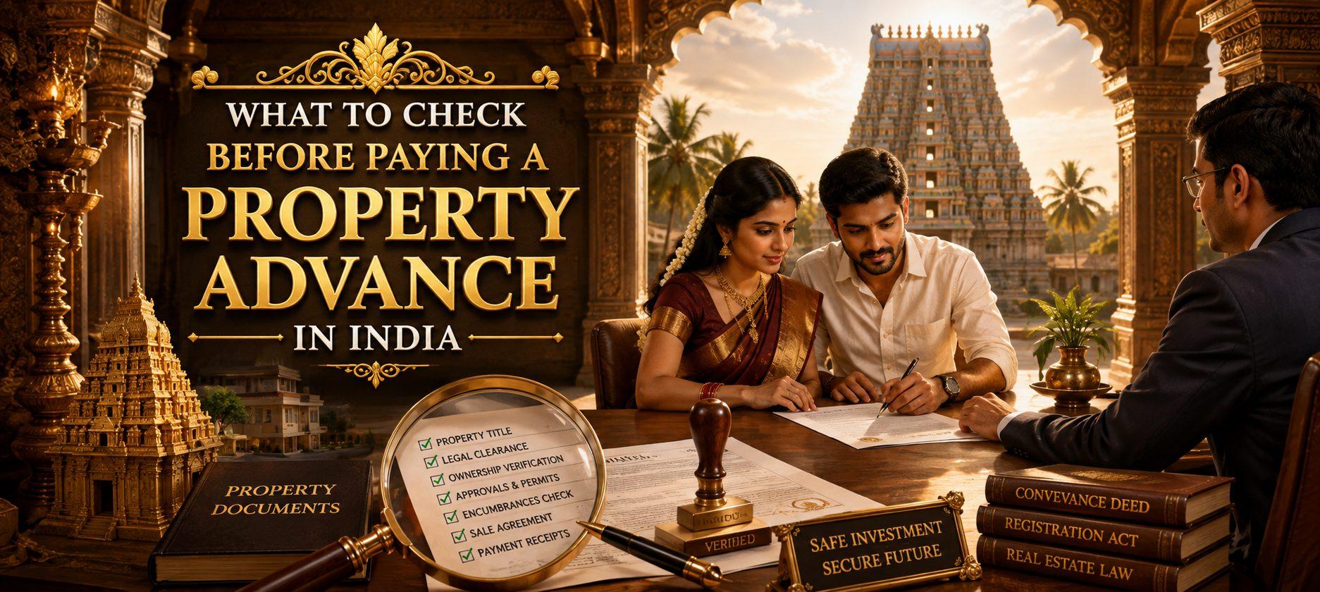 Property buyer checking documents before paying a property advance in India