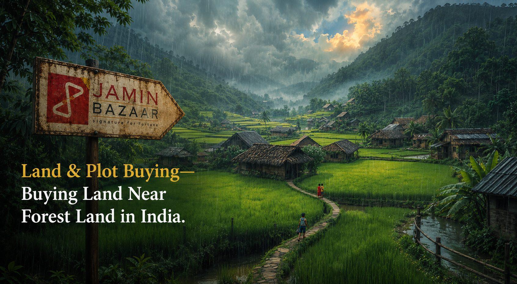 Forest-adjacent land in India with village road, hills, trees and Jamin Bazaar property sign